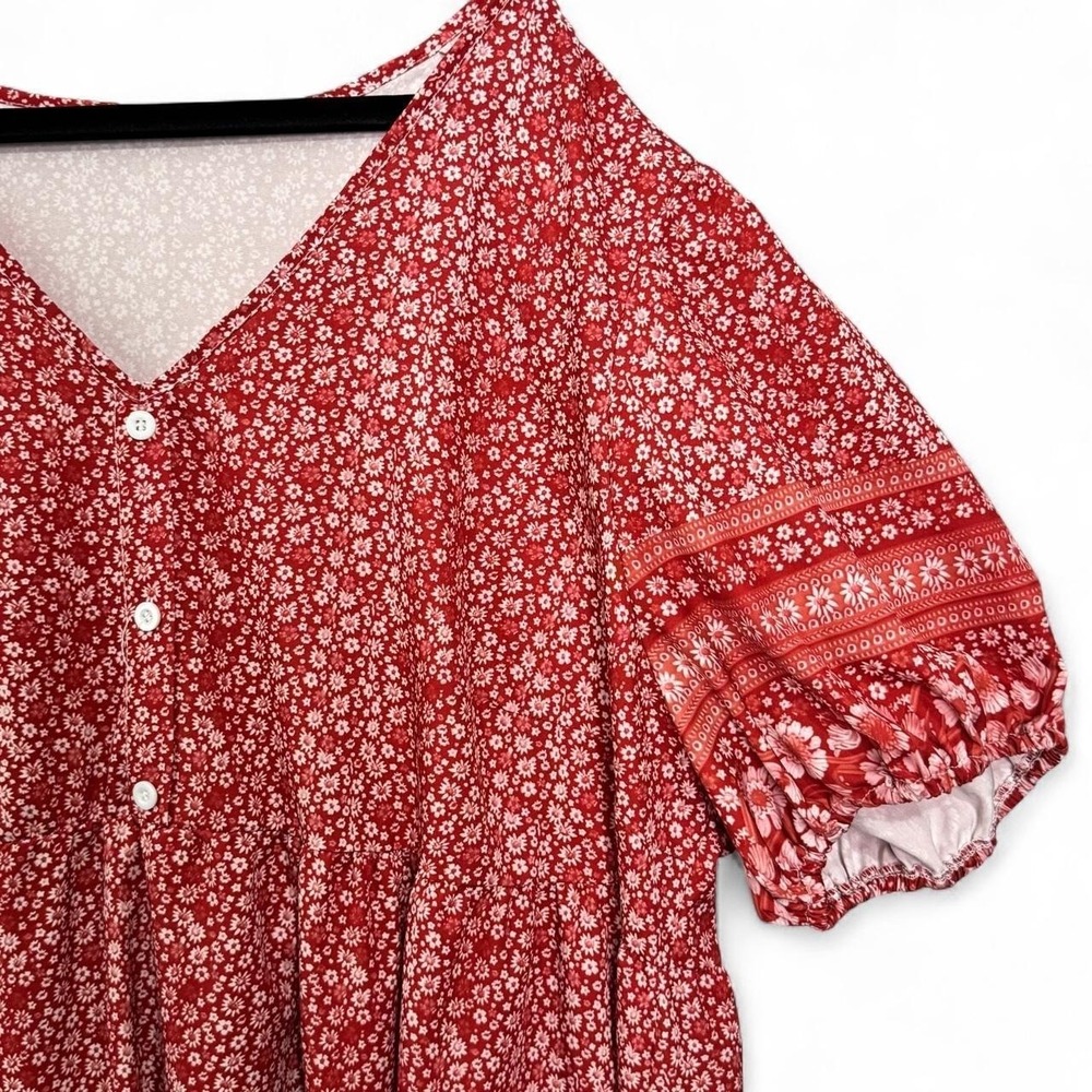 Shein Curve Babydoll Dress 4XL Red Floral V-Neck Puff Sleeve Boho Cottagecore - Picture 4 of 8